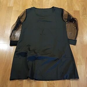 Elegant Black Mini Dress with Sheer Pearl-Embellished Sleeves